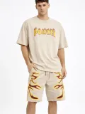 Erkek Bej Oversize Baskılı Tişört Şort Takım Cepli Şort Yazlık Rahat Günlük Kombin - Bej