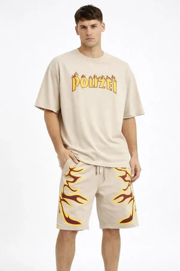 Erkek Bej Oversize Baskılı Tişört Şort Takım Cepli Şort Yazlık Rahat Günlük Kombin - Bej