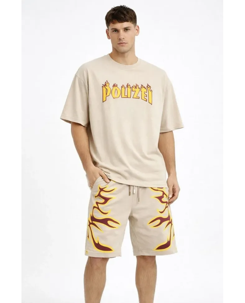 Erkek Bej Oversize Baskılı Tişört Şort Takım Cepli Şort Yazlık Rahat Günlük Kombin - Bej