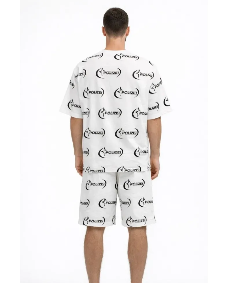 Erkek Oversize Ön ve Arka Baskılı Tişört Şort Takım Rahat Kalıp Yazlık Günlük Kombin - Beyaz