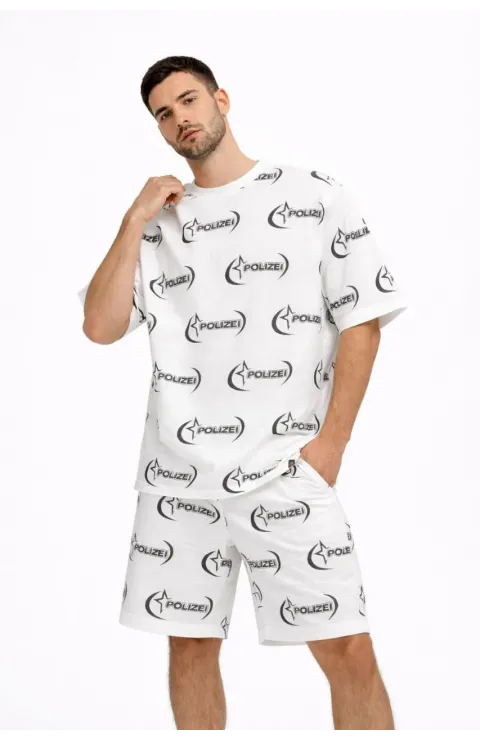 Erkek Oversize Ön ve Arka Baskılı Tişört Şort Takım Rahat Kalıp Yazlık Günlük Kombin - Beyaz