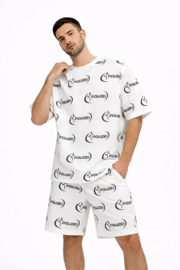 Erkek Oversize Ön ve Arka Baskılı Tişört Şort Takım Rahat Kalıp Yazlık Günlük Kombin - Beyaz