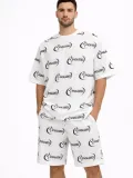 Erkek Oversize Ön ve Arka Baskılı Tişört Şort Takım Rahat Kalıp Yazlık Günlük Kombin - Beyaz
