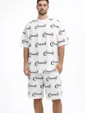 Erkek Oversize Ön ve Arka Baskılı Tişört Şort Takım Rahat Kalıp Yazlık Günlük Kombin - Beyaz