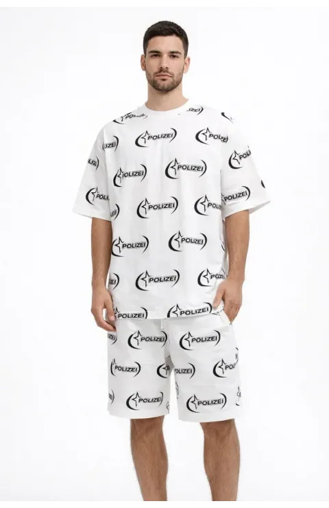 Erkek Oversize Ön ve Arka Baskılı Tişört Şort Takım Rahat Kalıp Yazlık Günlük Kombin - Beyaz