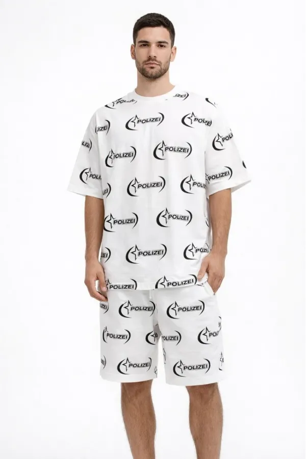 Erkek Oversize Ön ve Arka Baskılı Tişört Şort Takım Rahat Kalıp Yazlık Günlük Kombin - Beyaz