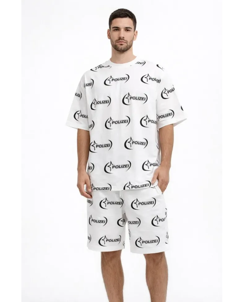 Erkek Oversize Ön ve Arka Baskılı Tişört Şort Takım Rahat Kalıp Yazlık Günlük Kombin - Beyaz