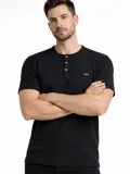 Erkek Waffle Dokulu Likralı Henley Yaka Düğmeli Regular Fit Kısa Kollu T-Shirt - Siyah