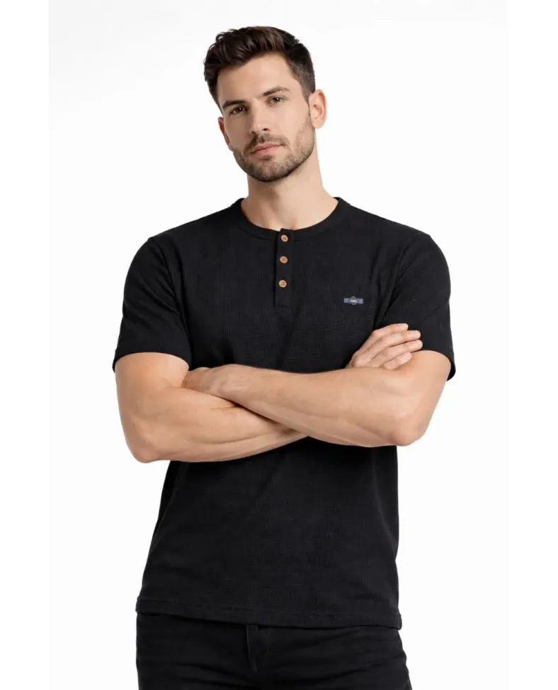 Erkek Waffle Dokulu Likralı Henley Yaka Düğmeli Regular Fit Kısa Kollu T-Shirt - Siyah