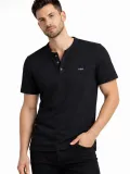 Erkek Waffle Dokulu Likralı Henley Yaka Düğmeli Regular Fit Kısa Kollu T-Shirt - Siyah