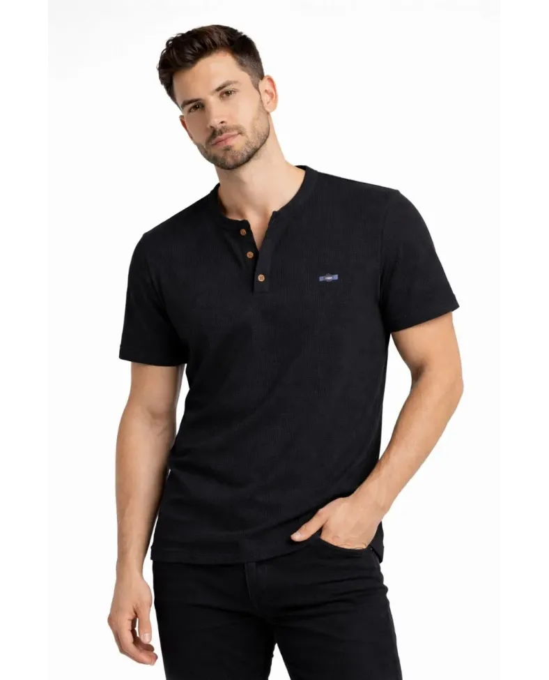 Erkek Waffle Dokulu Likralı Henley Yaka Düğmeli Regular Fit Kısa Kollu T-Shirt - Siyah