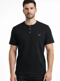 Erkek Waffle Dokulu Likralı Henley Yaka Düğmeli Regular Fit Kısa Kollu T-Shirt - Siyah