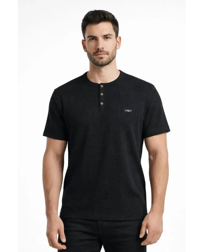 Erkek Waffle Dokulu Likralı Henley Yaka Düğmeli Regular Fit Kısa Kollu T-Shirt - Siyah