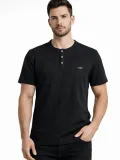 Erkek Waffle Dokulu Likralı Henley Yaka Düğmeli Regular Fit Kısa Kollu T-Shirt - Siyah