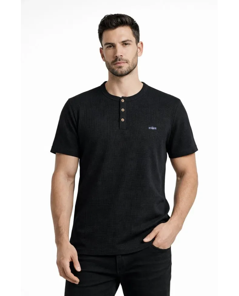 Erkek Waffle Dokulu Likralı Henley Yaka Düğmeli Regular Fit Kısa Kollu T-Shirt - Siyah
