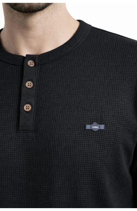 Erkek Waffle Dokulu Likralı Henley Yaka Düğmeli Regular Fit Kısa Kollu T-Shirt - Siyah