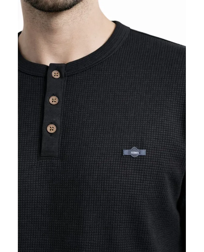 Erkek Waffle Dokulu Likralı Henley Yaka Düğmeli Regular Fit Kısa Kollu T-Shirt - Siyah
