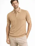 Erkek Düğmeli Yaka Triko Dokuma Tişört Desenli Yazlık Şık Günlük Triko Tişört - Kahverengi
