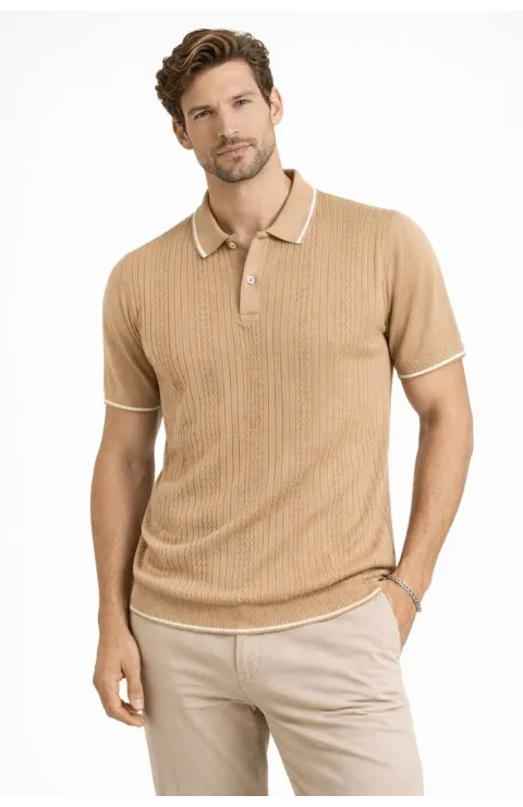 Erkek Düğmeli Yaka Triko Dokuma Tişört Desenli Yazlık Şık Günlük Triko Tişört - Kahverengi