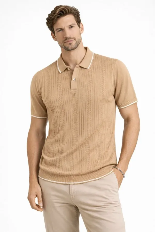 Erkek Düğmeli Yaka Triko Dokuma Tişört Desenli Yazlık Şık Günlük Triko Tişört - Kahverengi