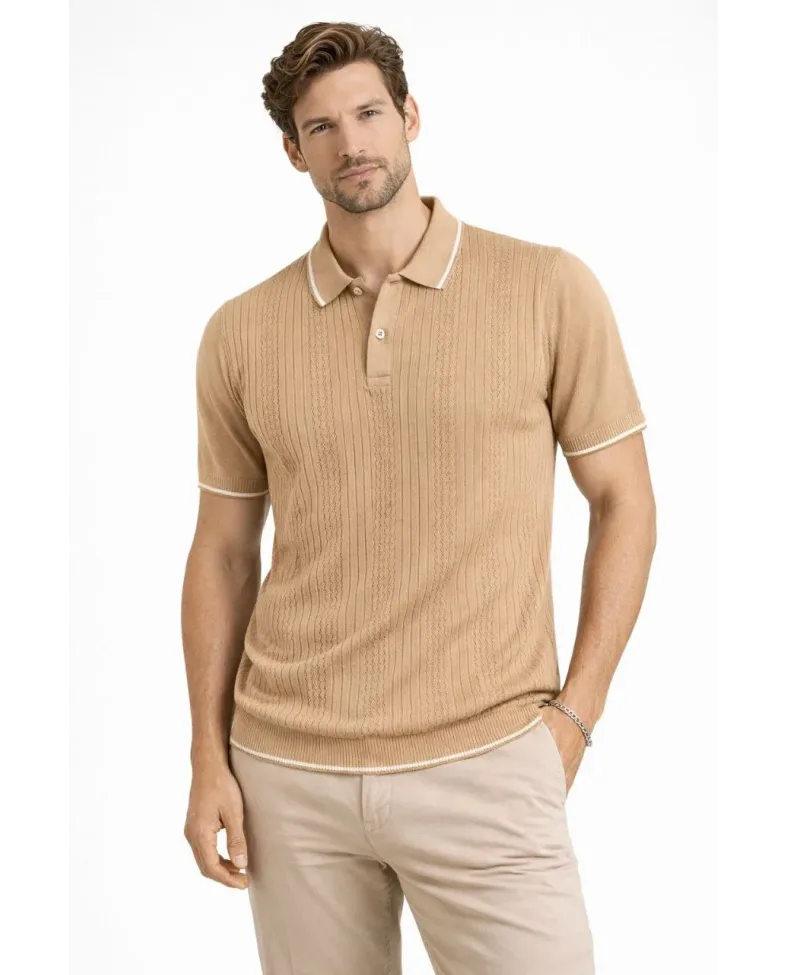 Erkek Düğmeli Yaka Triko Dokuma Tişört Desenli Yazlık Şık Günlük Triko Tişört - Kahverengi