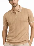 Erkek Düğmeli Yaka Triko Dokuma Tişört Desenli Yazlık Şık Günlük Triko Tişört - Kahverengi