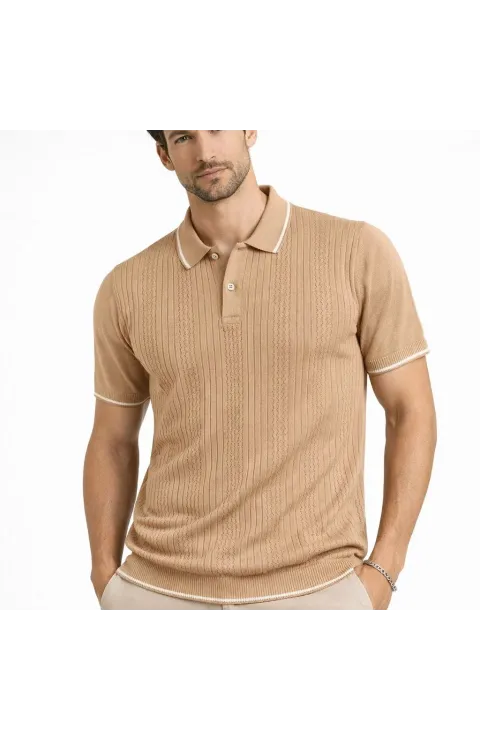Erkek Düğmeli Yaka Triko Dokuma Tişört Desenli Yazlık Şık Günlük Triko Tişört - Kahverengi