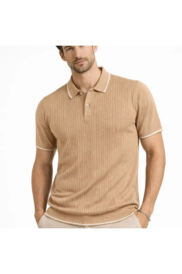 Erkek Düğmeli Yaka Triko Dokuma Tişört Desenli Yazlık Şık Günlük Triko Tişört - Kahverengi