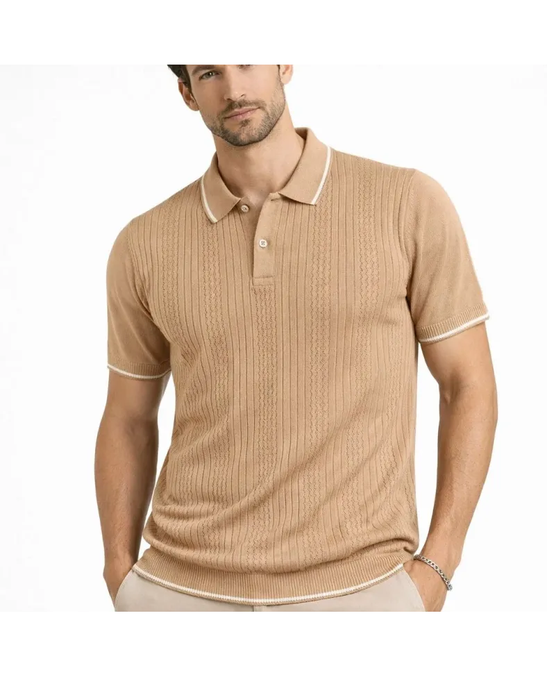 Erkek Düğmeli Yaka Triko Dokuma Tişört Desenli Yazlık Şık Günlük Triko Tişört - Kahverengi