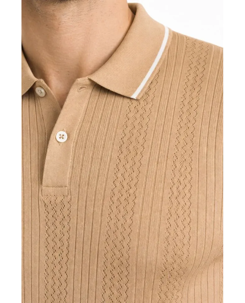 Erkek Düğmeli Yaka Triko Dokuma Tişört Desenli Yazlık Şık Günlük Triko Tişört - Kahverengi