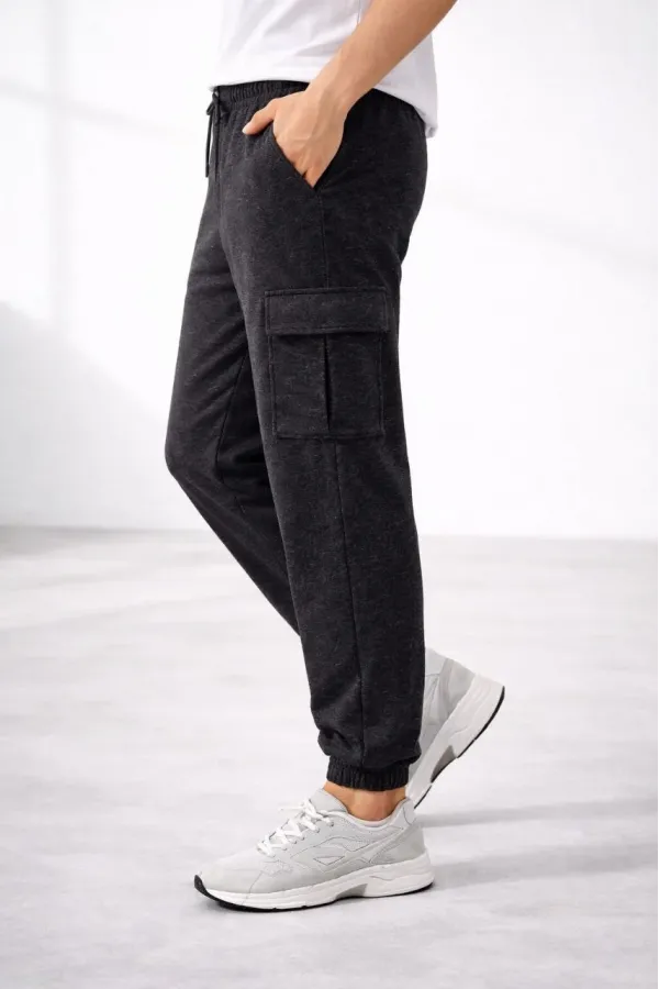 Erkek Jogger Eşofman Altı Kargo Cepli Lastikli Paça Spor Pantolon - Füme