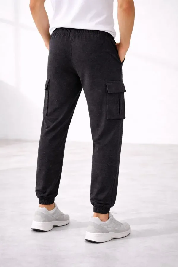 Erkek Jogger Eşofman Altı Kargo Cepli Lastikli Paça Spor Pantolon - Füme