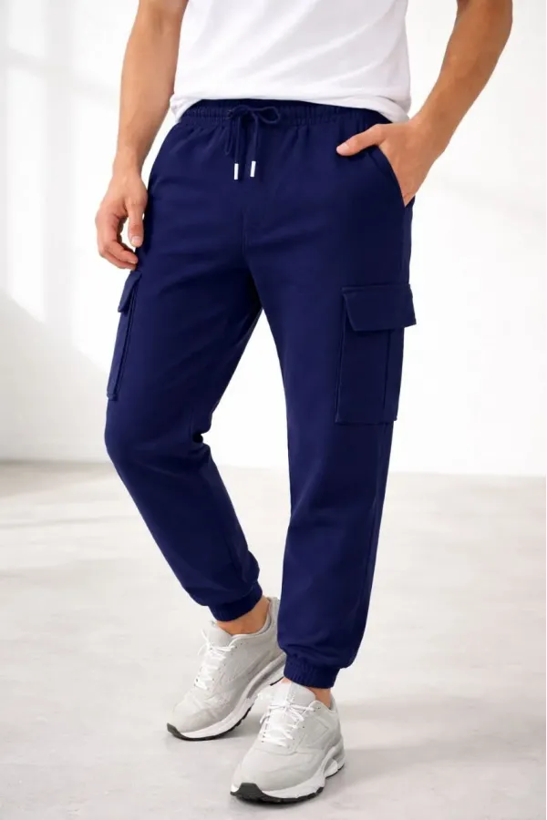 Erkek Jogger Eşofman Altı Regular Fit , Kargo Cepli, Lastikli Paça, Günlük Spor Pantolon - Lacivert