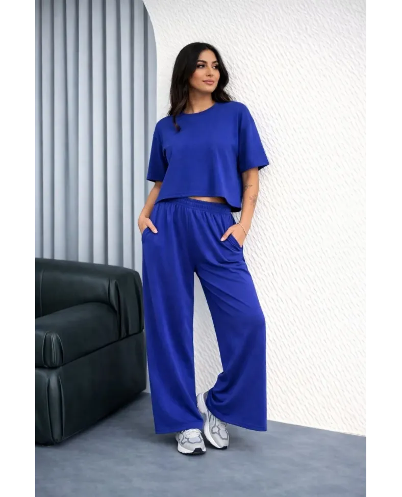 Kadın Osy Modal yumuşak dokulu Oversize İkili Bol Paça Pantolonlu Takım - Saks Mavisi