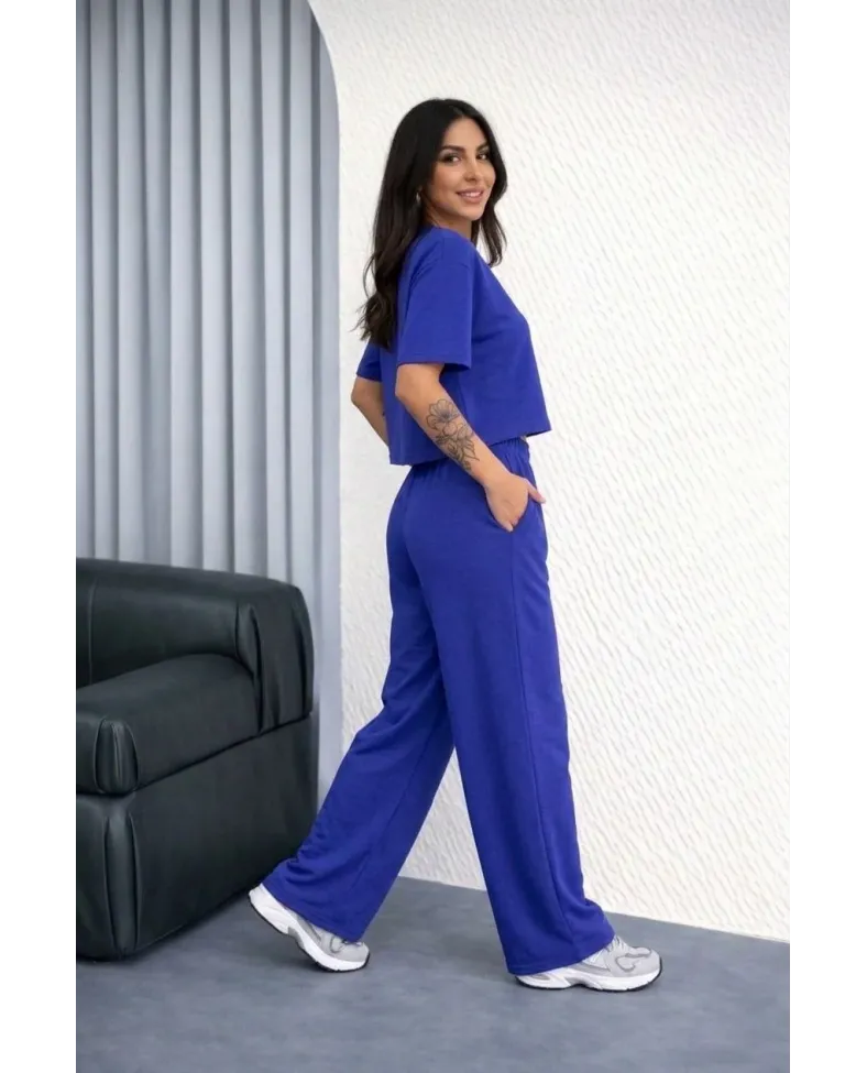 Kadın Osy Modal yumuşak dokulu Oversize İkili Bol Paça Pantolonlu Takım - Saks Mavisi