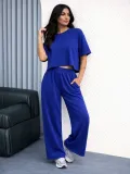Kadın Osy Modal yumuşak dokulu Oversize İkili Bol Paça Pantolonlu Takım - Saks Mavisi