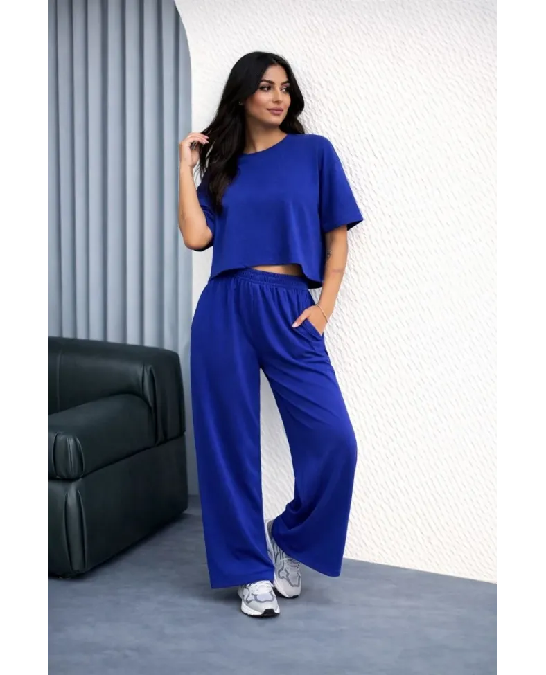 Kadın Osy Modal yumuşak dokulu Oversize İkili Bol Paça Pantolonlu Takım - Saks Mavisi
