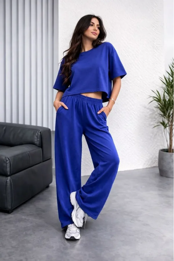 Kadın Osy Modal yumuşak dokulu Oversize İkili Bol Paça Pantolonlu Takım - Saks Mavisi