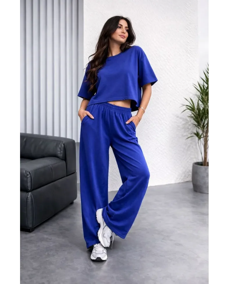 Kadın Osy Modal yumuşak dokulu Oversize İkili Bol Paça Pantolonlu Takım - Saks Mavisi