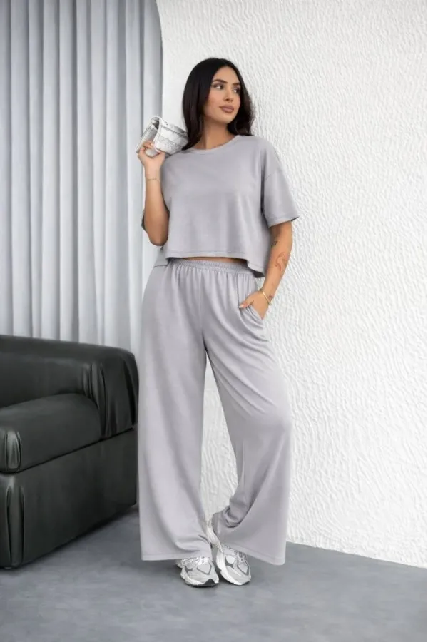 Kadın Osy Modal yumuşak dokulu Oversize İkili Bol Paça Pantolonlu Takım - Gri