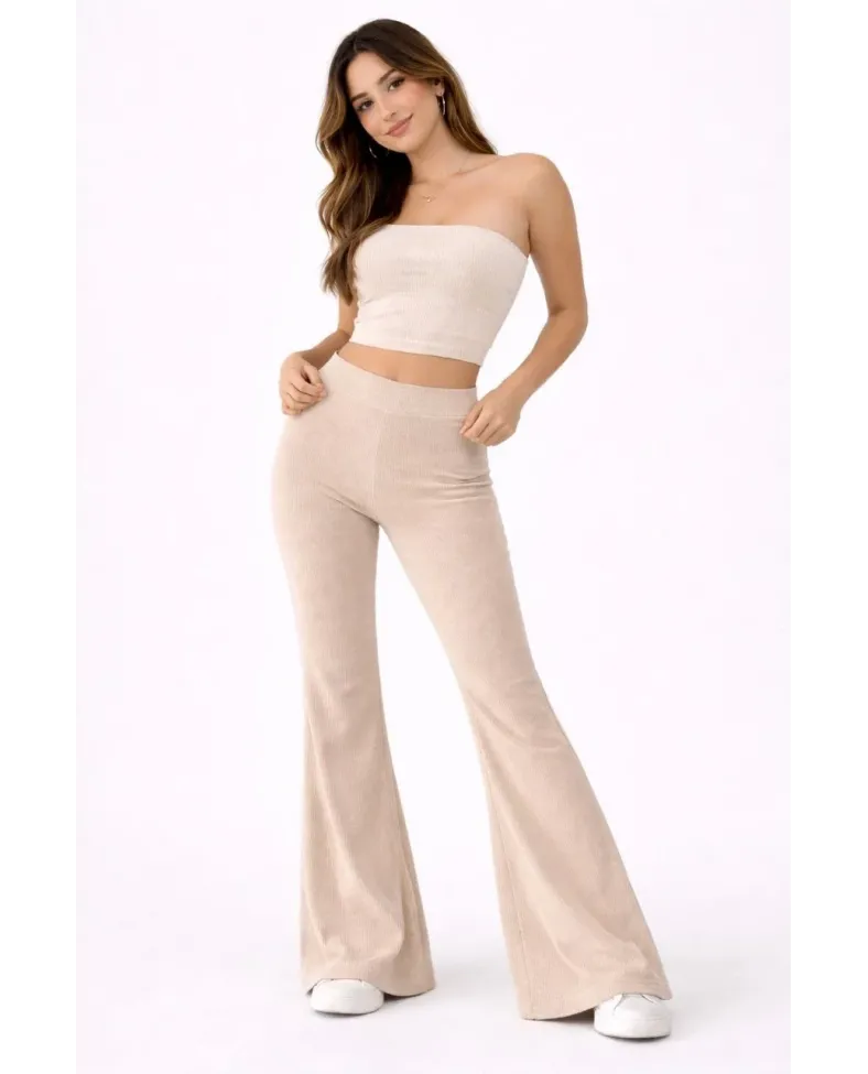 Kadın Fitilli Kaşkorse İspanyol Paça Tayt Yüksek Bel Esnek Pantolon - Bej