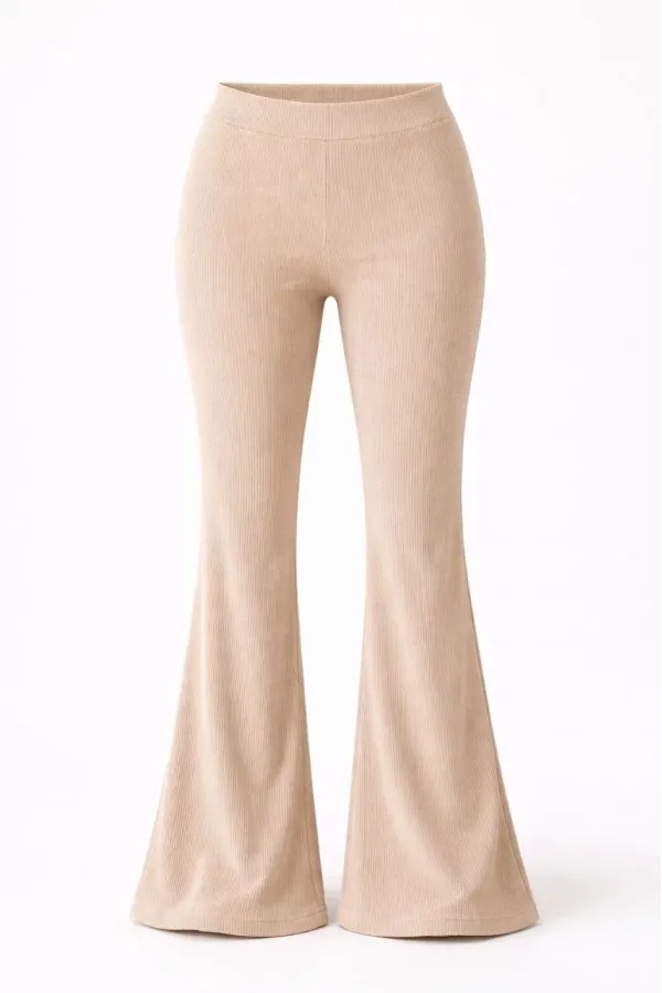 Kadın Fitilli Kaşkorse İspanyol Paça Tayt Yüksek Bel Esnek Pantolon - Bej