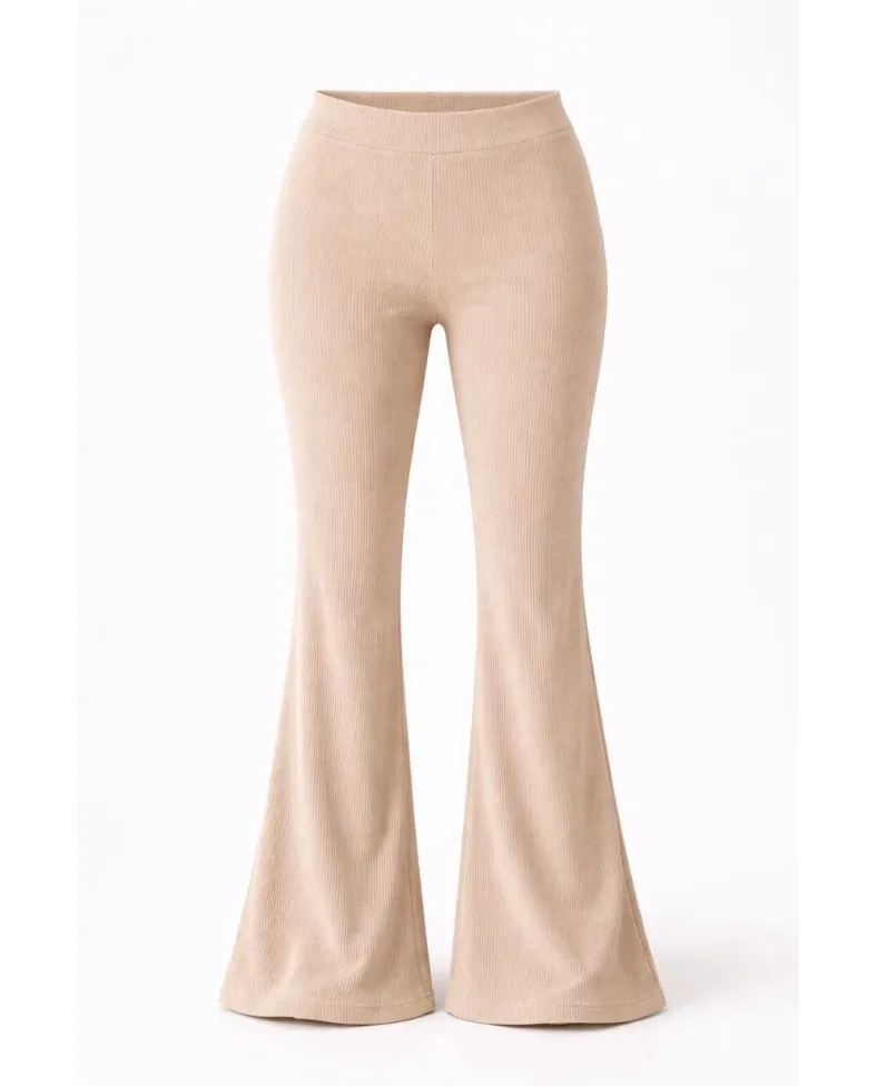 Kadın Fitilli Kaşkorse İspanyol Paça Tayt Yüksek Bel Esnek Pantolon - Bej