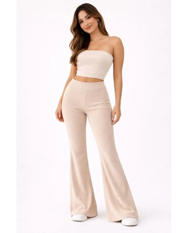 Kadın Fitilli Kaşkorse İspanyol Paça Tayt Yüksek Bel Esnek Pantolon - Bej