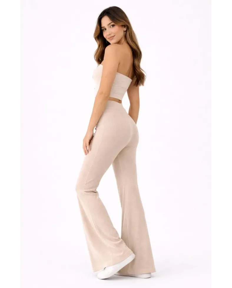 Kadın Fitilli Kaşkorse İspanyol Paça Tayt Yüksek Bel Esnek Pantolon - Bej
