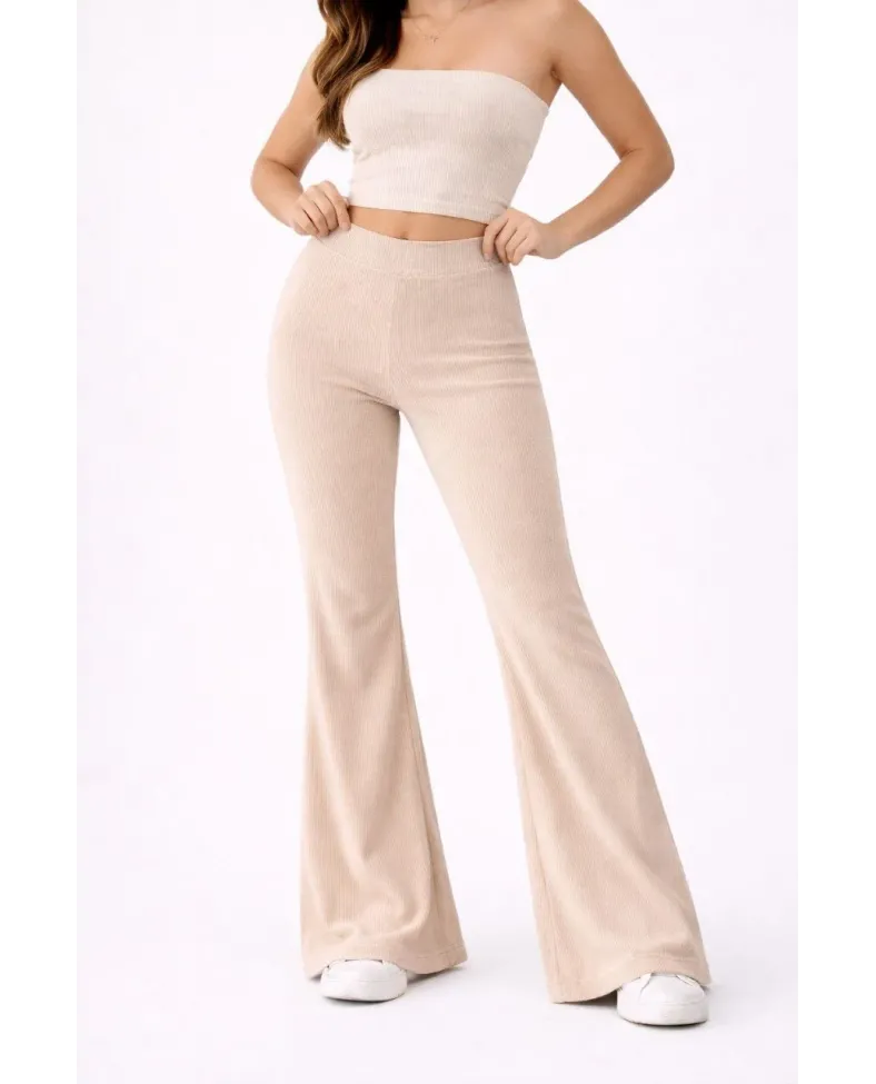 Kadın Fitilli Kaşkorse İspanyol Paça Tayt Yüksek Bel Esnek Pantolon - Bej