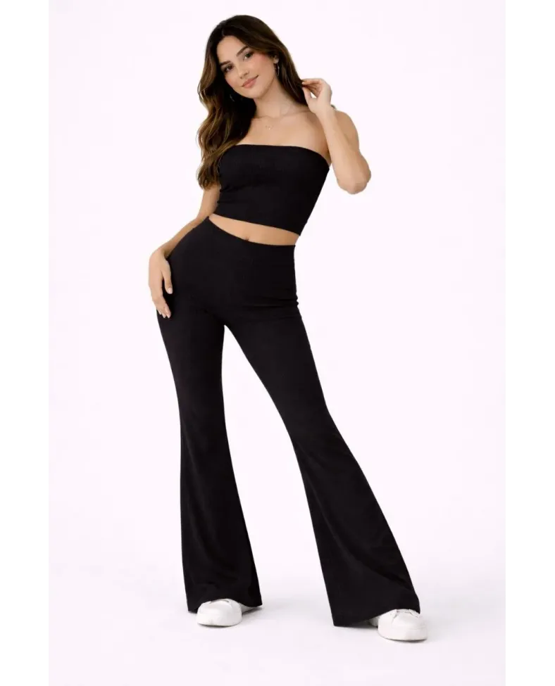 Kadın Fitilli Kaşkorse İspanyol Paça Tayt Yüksek Bel Esnek Günlük Rahat Pantolon - Siyah