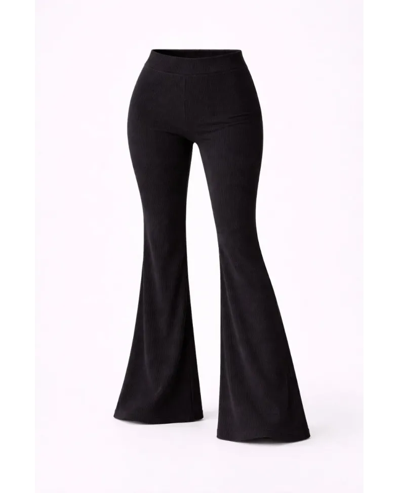 Kadın Fitilli Kaşkorse İspanyol Paça Tayt Yüksek Bel Esnek Günlük Rahat Pantolon - Siyah