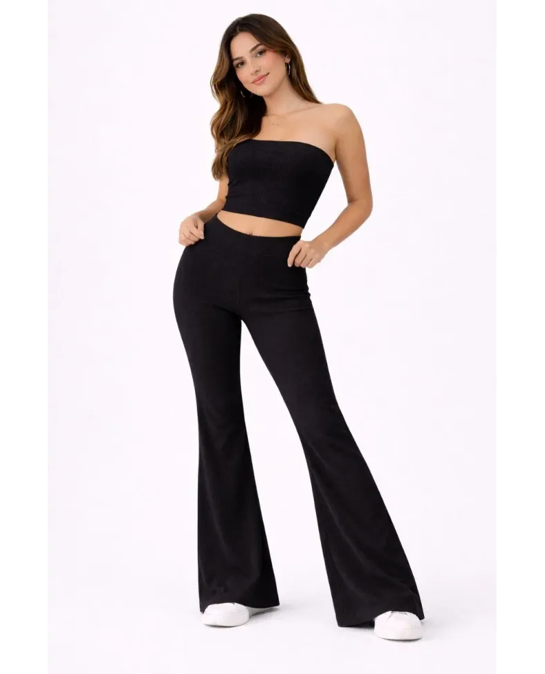 Kadın Fitilli Kaşkorse İspanyol Paça Tayt Yüksek Bel Esnek Günlük Rahat Pantolon - Siyah