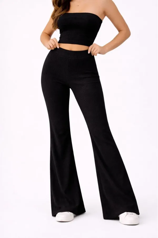 Kadın Fitilli Kaşkorse İspanyol Paça Tayt Yüksek Bel Esnek Günlük Rahat Pantolon - Siyah